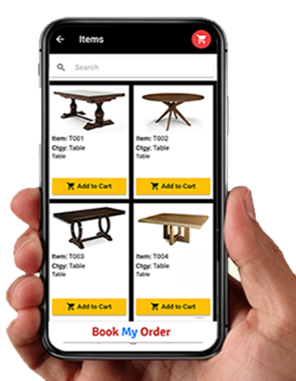 BookMyOrder app showing product items with Add to Cart on a mobile phone